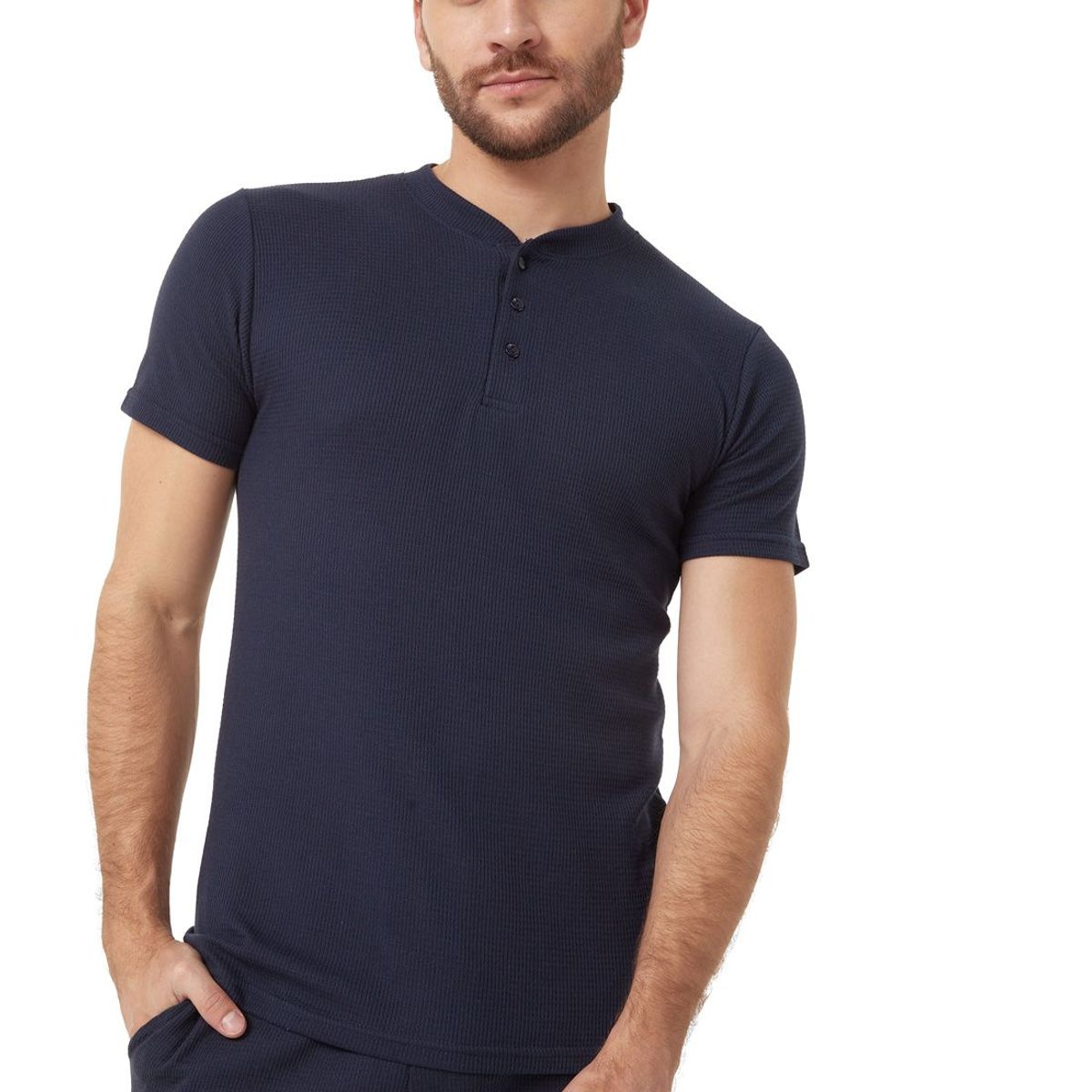 SANTANA - Camiseta Henley Hombre Manga Corta Santana Azul Oscuro