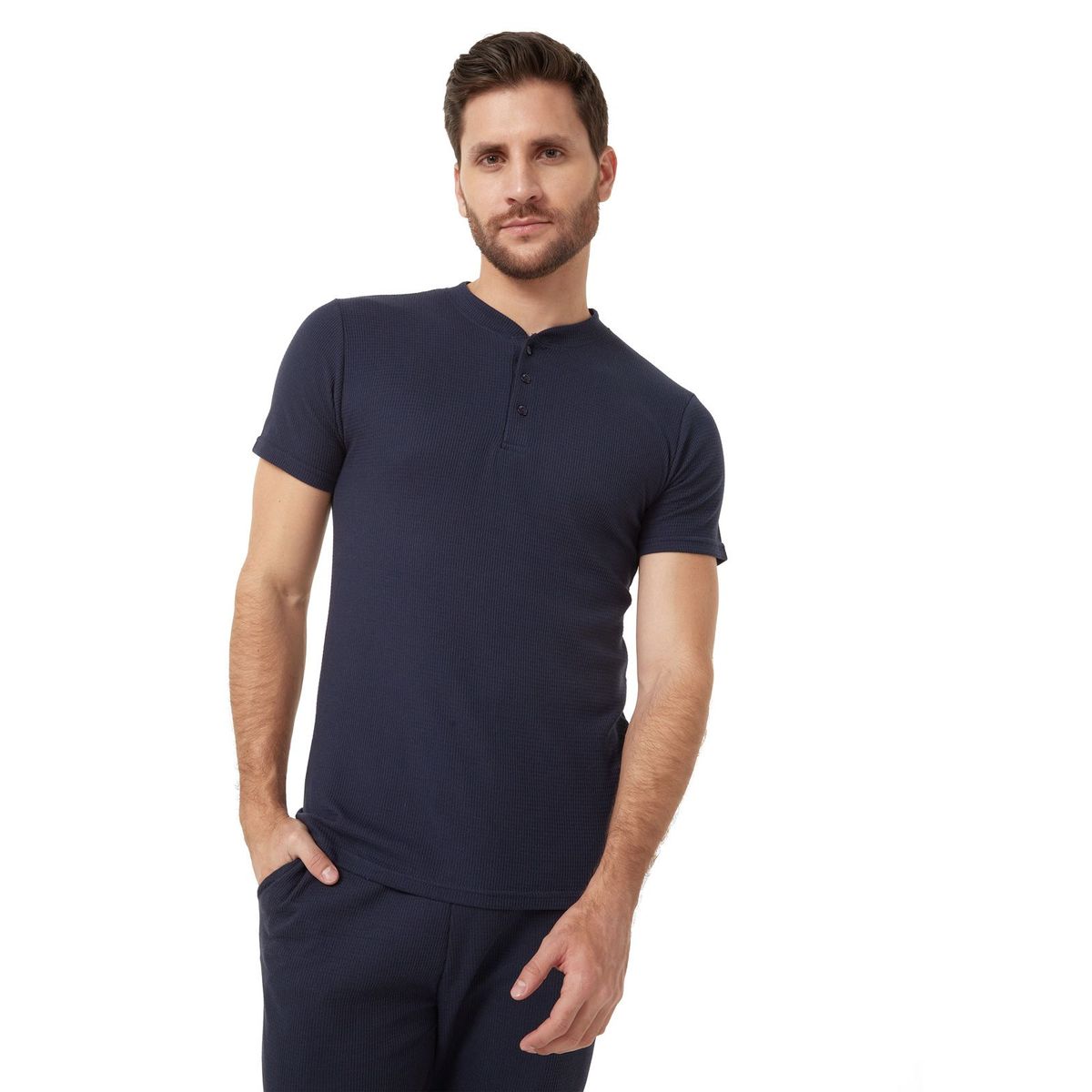 SANTANA - Camiseta Henley Hombre Manga Corta Santana Azul Oscuro