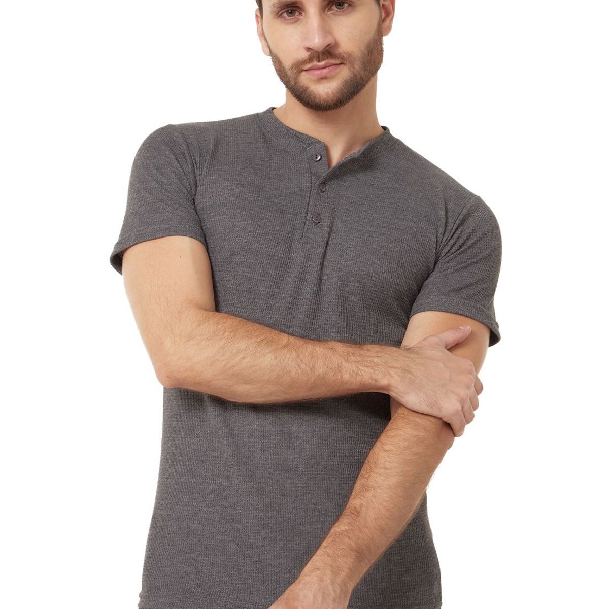 SANTANA - Camiseta Henley Hombre Manga Corta Santana Gris Oscuro