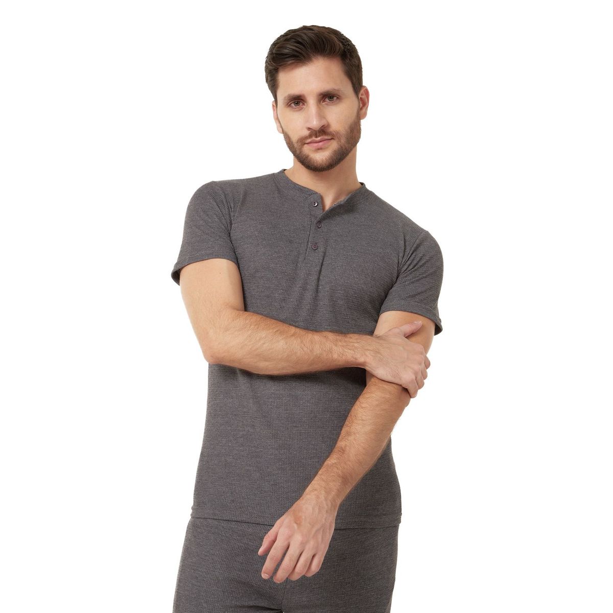 SANTANA - Camiseta Henley Hombre Manga Corta Santana Gris Oscuro