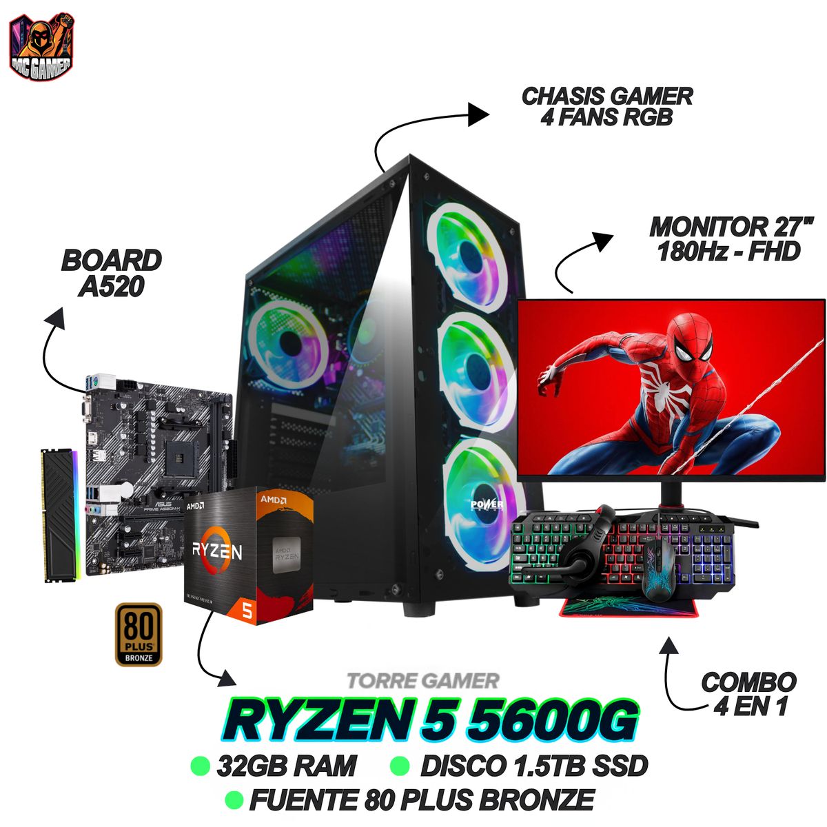 AMD - PC GAMING READY - RYZEN 5 5600G - 32GB RAM - 1.5TB SSD - MONITOR 27 180Hz + WINDOWS 11