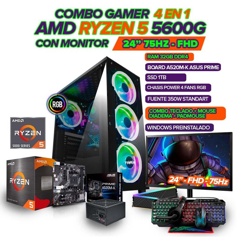 AMD - PC GAMER R5 5600G MONITOR 24 FHD 75HZ 32GB RAM SSD 1TB