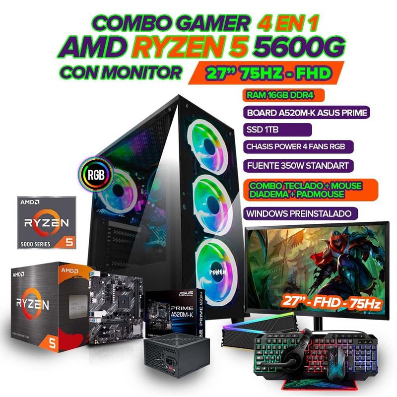 AMD - PC GAMER R5 5600G/ MONITOR 27" FHD 75HZ/ 16GB RAM/ SSD 1TB/ COMBO GAMER 4 EN 1
