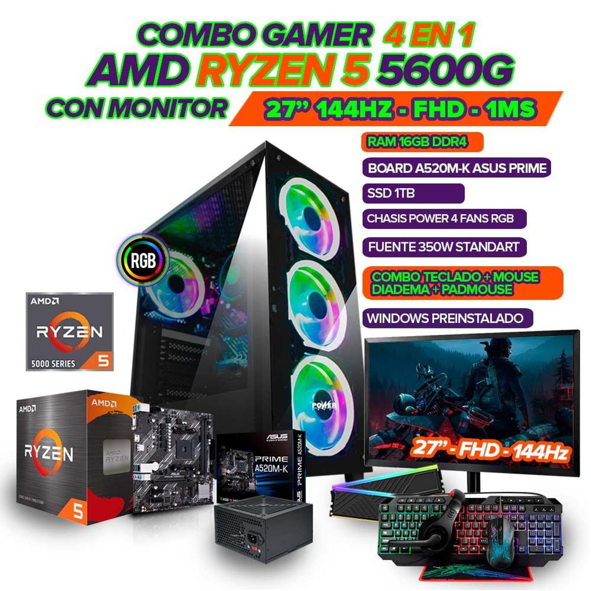 AMD - PC GAMER R5 5600G/ MONITOR 27" FHD 144HZ/ 16GB RAM/ SSD 1TB/ COMBO GAMER 4 EN 1
