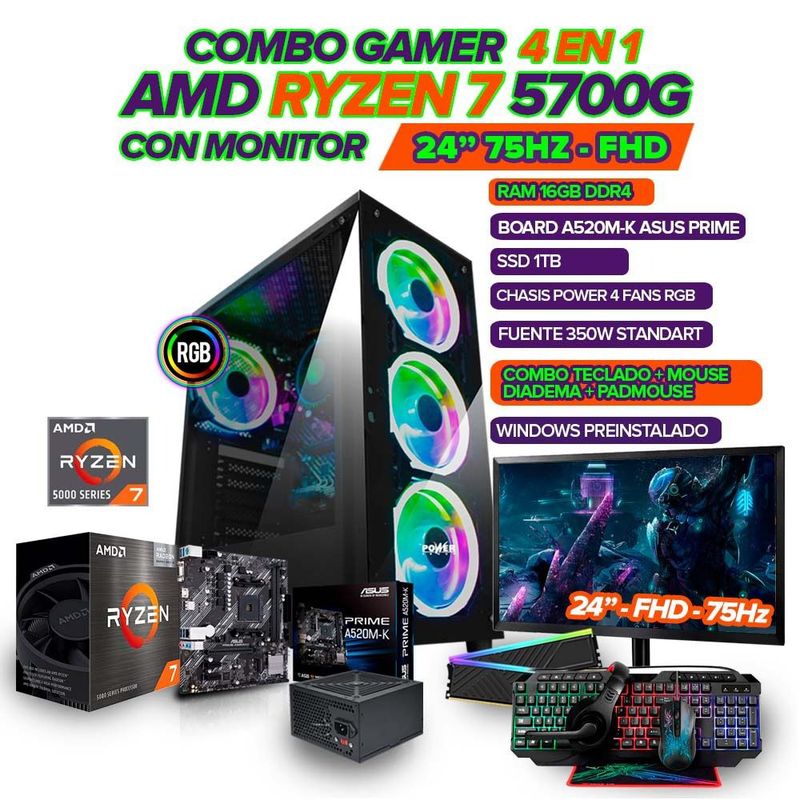 AMD - PC GAMER R7 5700G/ MONITOR 24" FHD 75HZ/ 16GB RAM/ SSD 1TB/ COMBO GAMER 4 EN 1