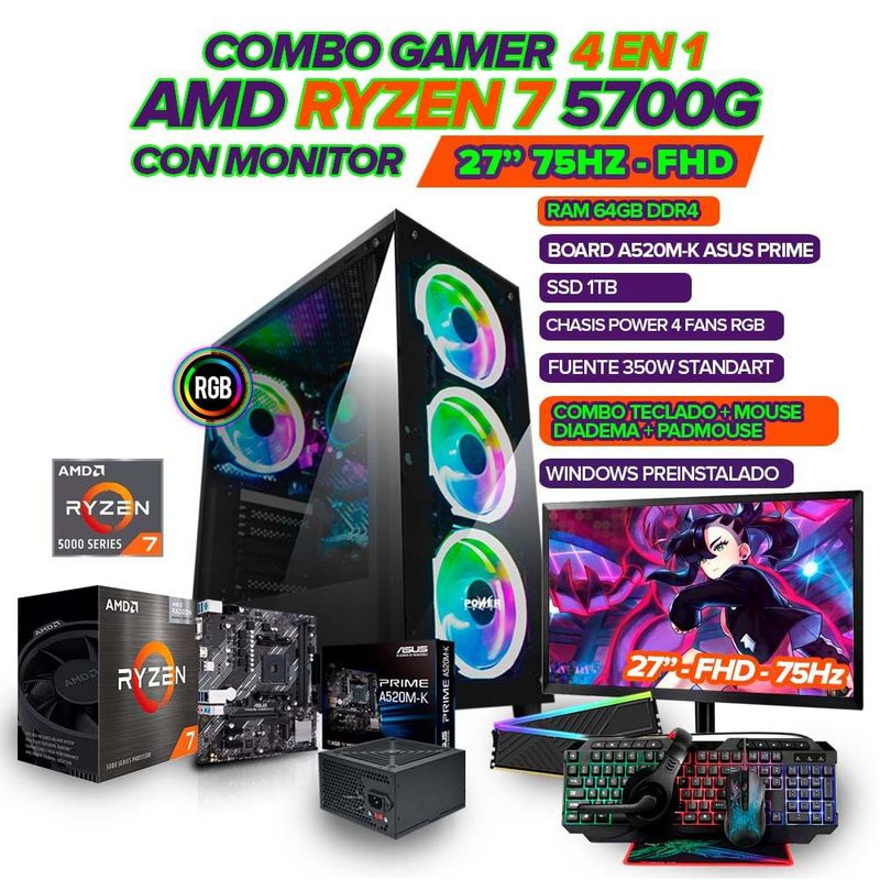 AMD - PC GAMER R7 5700G/ MONITOR 27" FHD 75HZ/ 64GB RAM/ SSD 1TB/ COMBO GAMER 4 EN 1