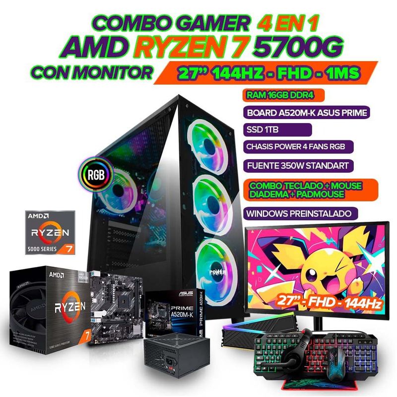 AMD - PC GAMER R7 5700G/ MONITOR 27" FHD 144HZ/ 64GB RAM/ SSD 1TB/ COMBO GAMER 4 EN 1