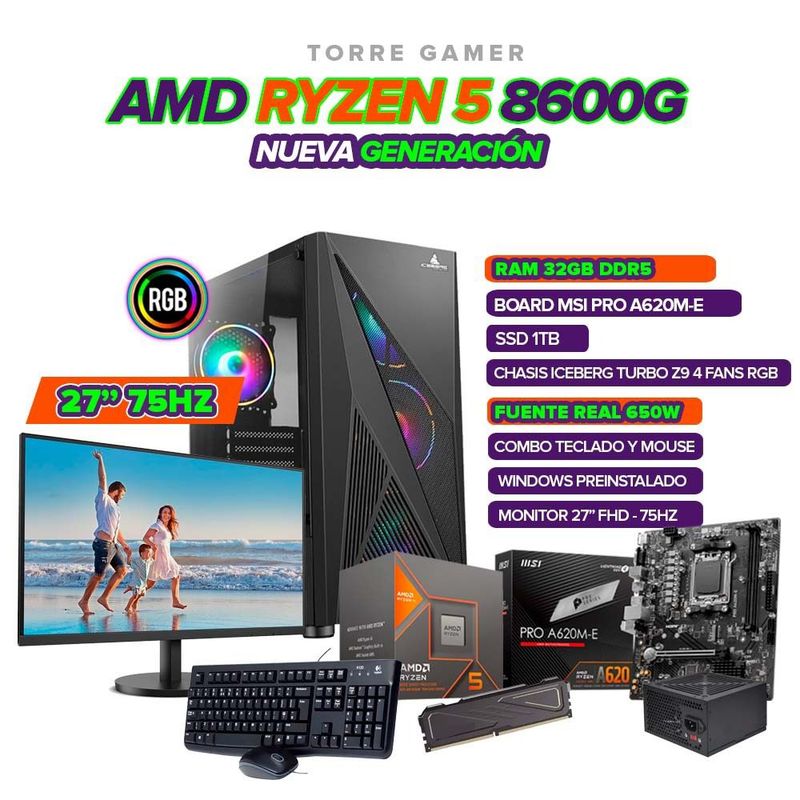 AMD - PC GAMER RYZEN 5 8600G / 32GB RAM/ SSD 1TB/ BOARD A620/ MONITOR FHD 27"
