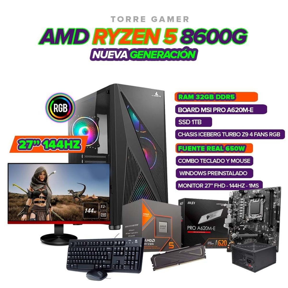 AMD - PC GAMER RYZEN 5 8600G / 32GB RAM/ SSD 1TB/ BOARD A620/ MONITOR FHD 27"