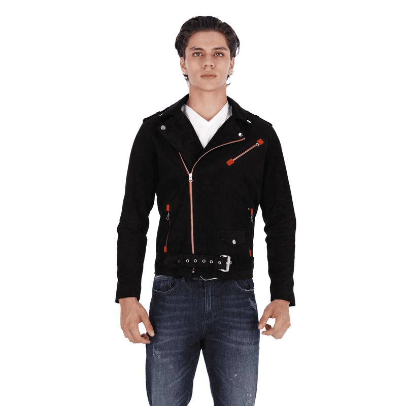 LA CHAQUETERIA - Chaqueta en Cuero Gamuza Becerro Negro Cinta Naranja Bison