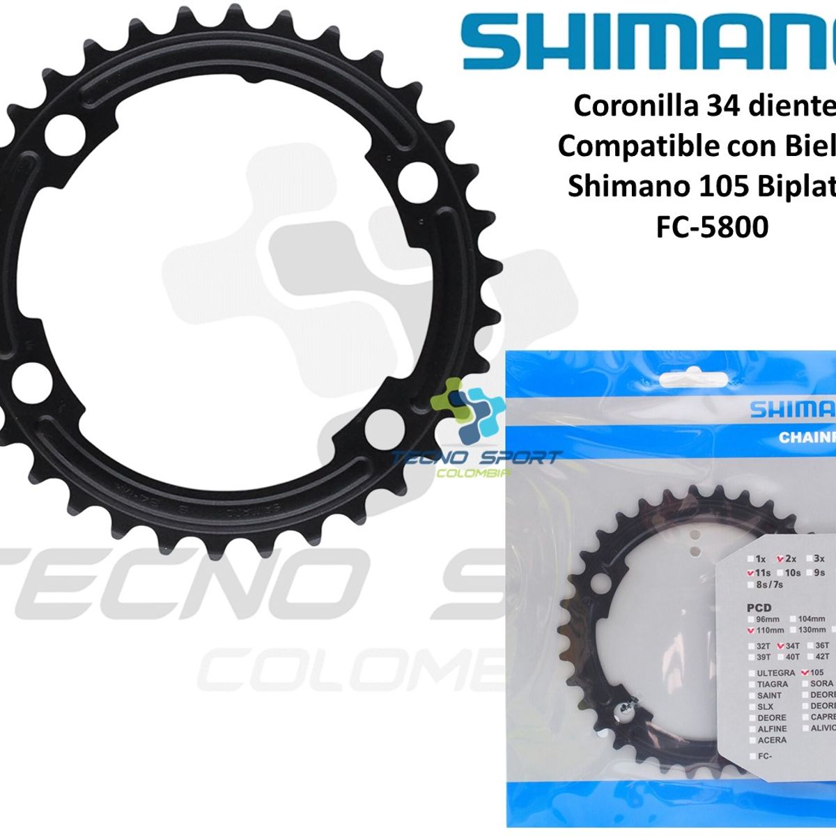 SHIMANO - Plato Coronilla Shimano 105 5800 11v Biplato Ruta 34 Dientes