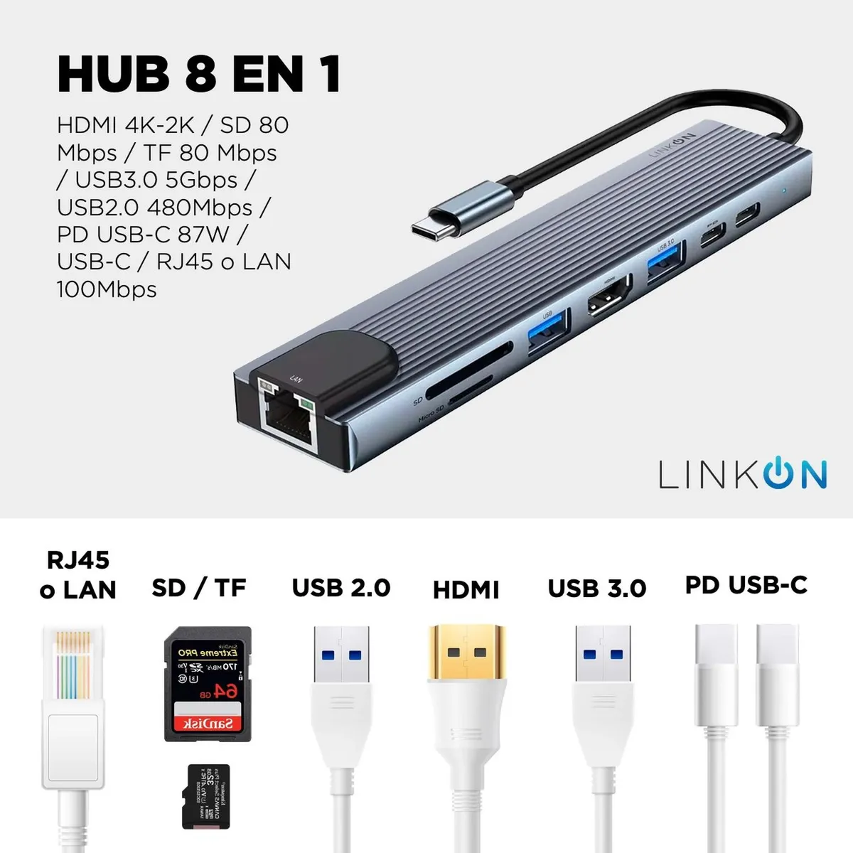 LINKON - Hub Adaptador Usb Tipo C 8 En 1 Linkon Macbook Windows-