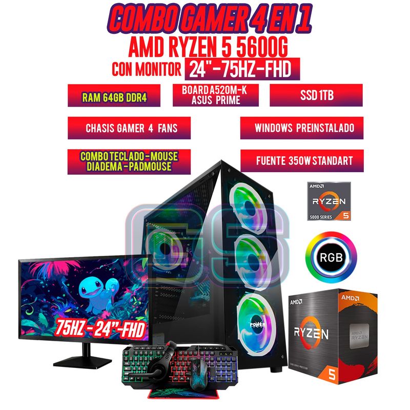 AMD - PC GAMER R5 5600G/ MONITOR 24" FHD 75HZ/ 64GB RAM/ SSD 1TB/ COMBO GAMER 4 EN 1
