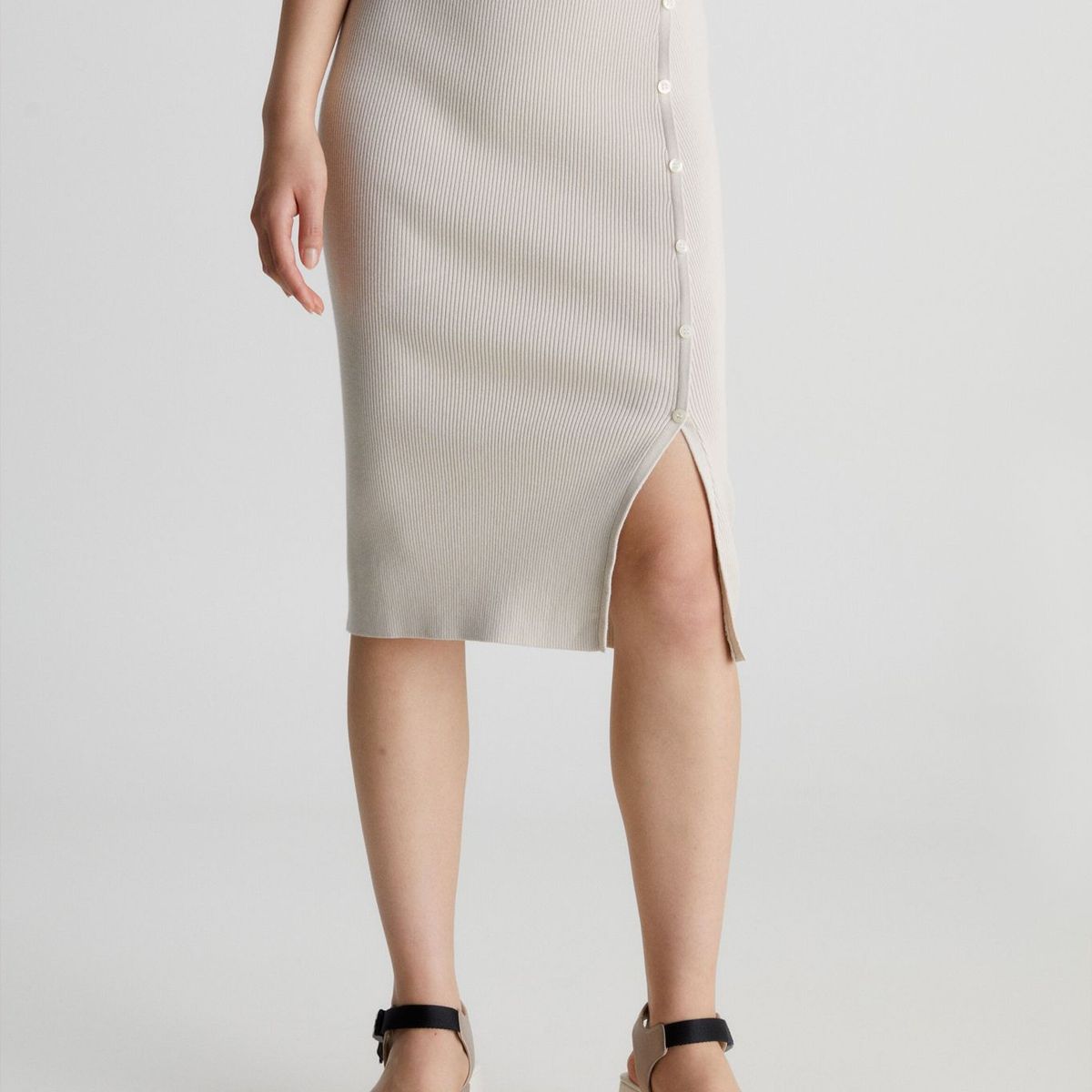 CALVIN KLEIN - Falda Lápiz De Algodón Orgánico Mujer Beige Calvin Klein