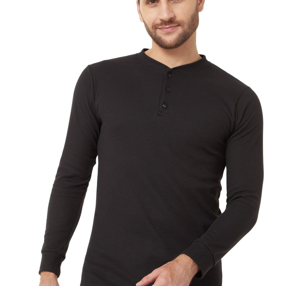 SANTANA - Camiseta Hombre Cuello Botones Manga Larga Henley Santana Negro