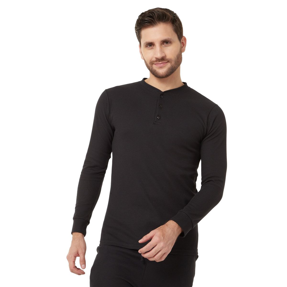 SANTANA - Camiseta Hombre Cuello Botones Manga Larga Henley Santana Negro