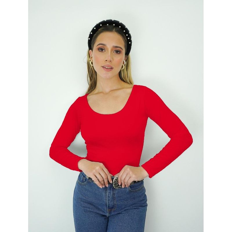 MOLGOA - Body para Mujer Vino Escote Redondo Manga Larga - Tahiti Rojo