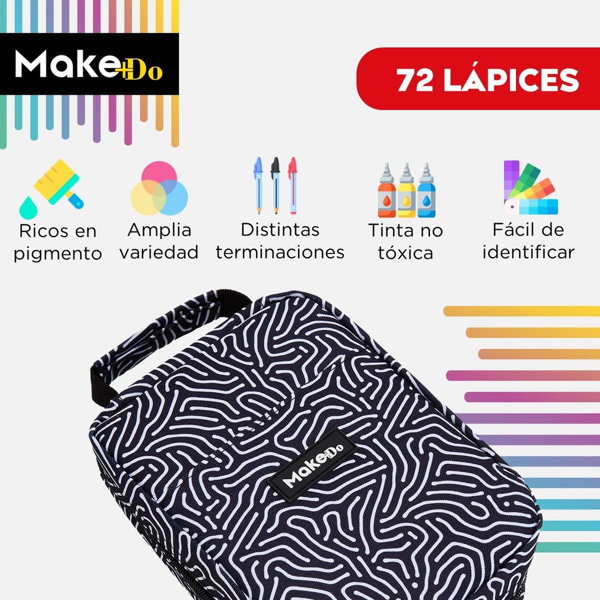 CASATUA - Lapiceros Esferos de Colores Make+Do Set 72 +Estuche - Negro-