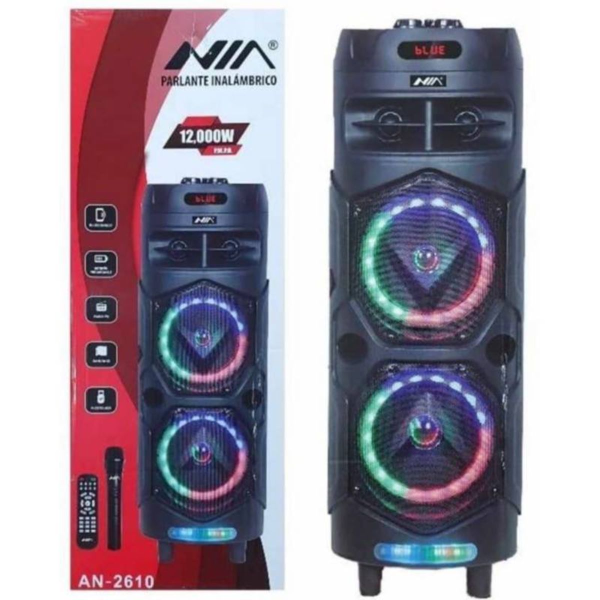 NIA - Torre de Sonido Recargable Micrófono Luces Leds FM 12000w Bluetooth