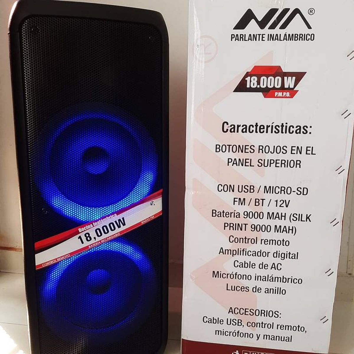 NIA - Cabina Nia Torre de sonido 18000W Recargable Excelente Potencia 2X10P