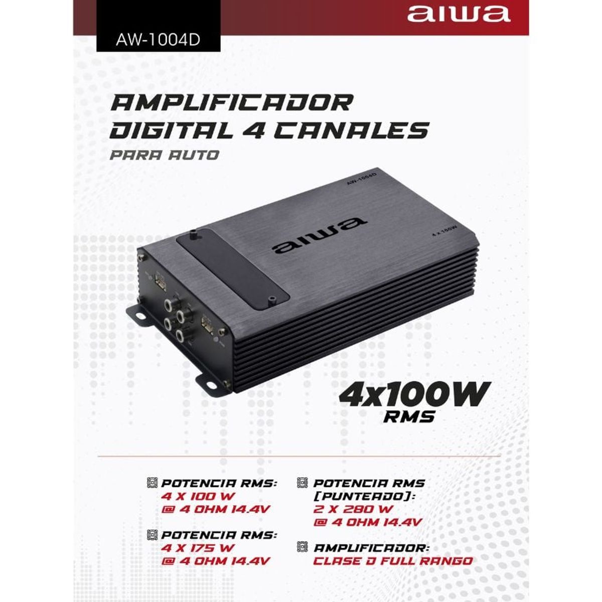 AIWA - Amplificador Carro Digital 4 Canales Aiwa 4 x 100w RMS AW-1004D