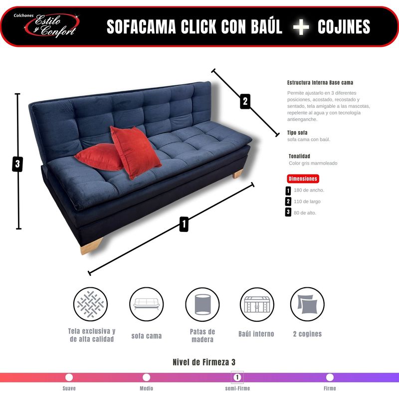 ESTILO Y CONFORT - Sofácama Click Baúl 3 Pocisiones Negro