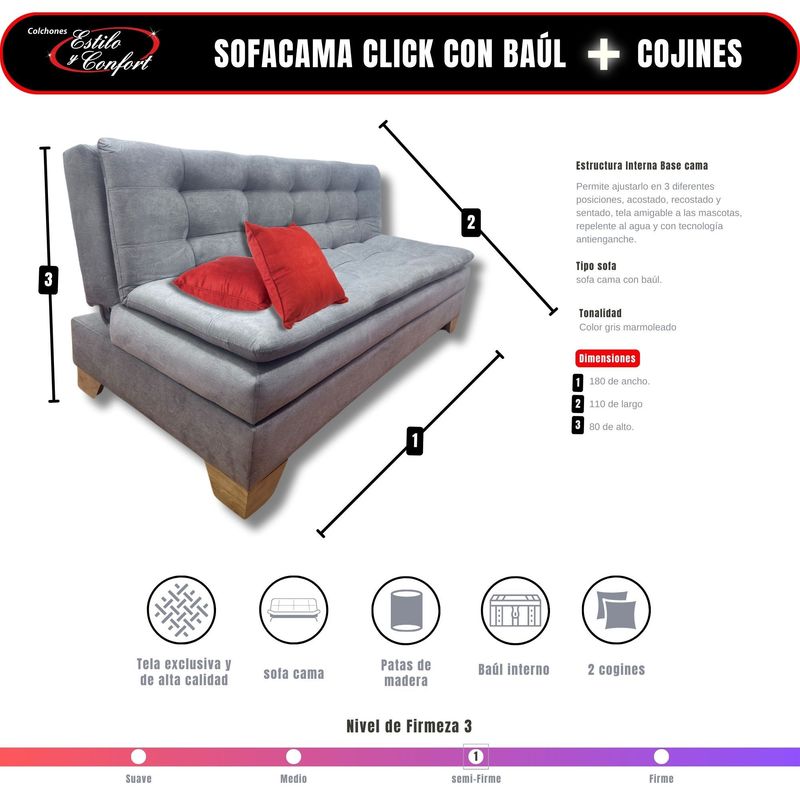 ESTILO Y CONFORT - Sofácama Click Baúl 3 Pocisiones Gris Claro Mármol