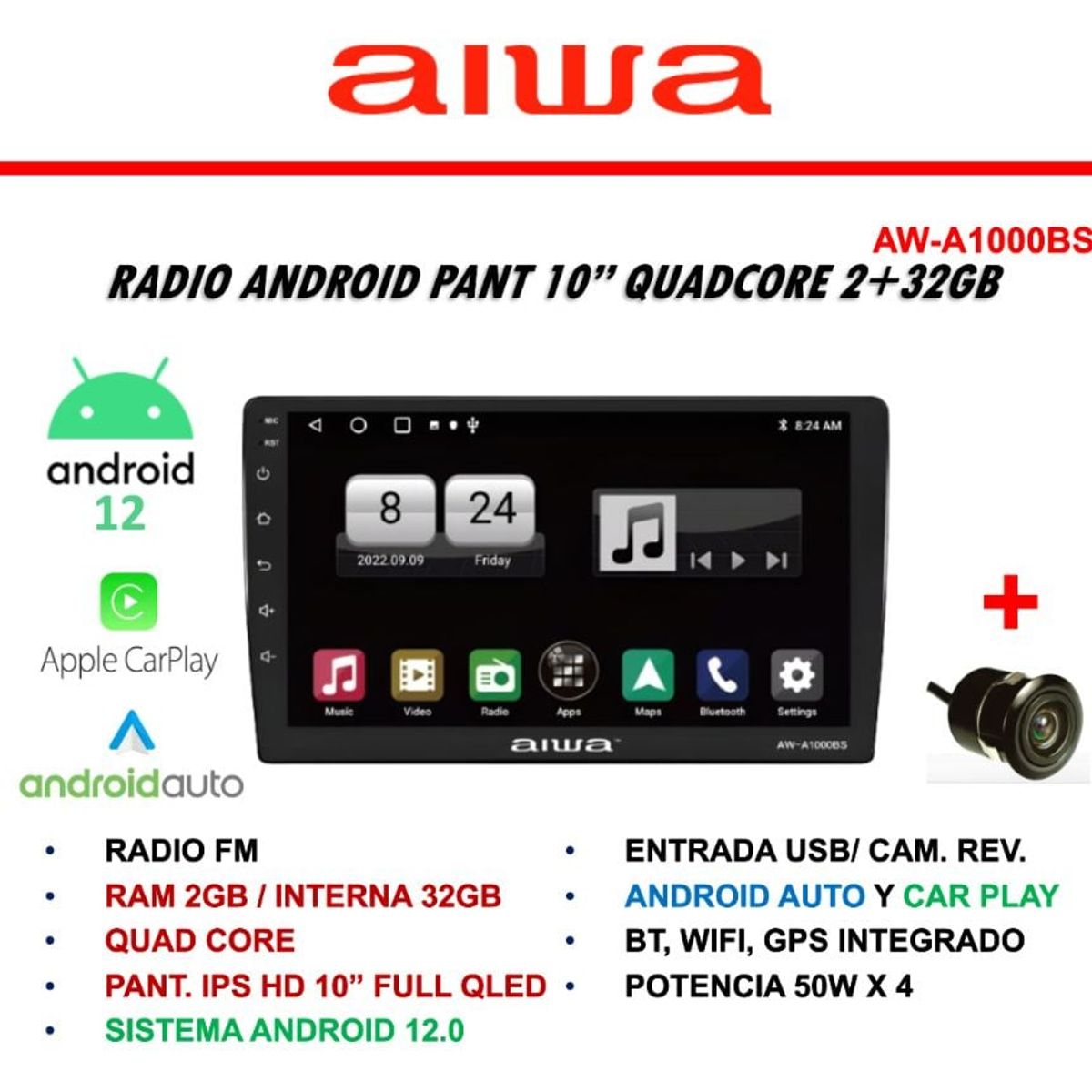 AIWA - Radio Carro 2 Din Android HD 2 + 32 Gb De 10'' QLED Aiwa AW-A1000BS