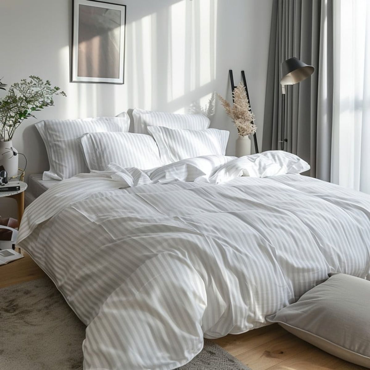 KARYTEX - Combo Funda Duvet Sateen Rayas+J Sábana+Plumón Cama Doble Color Blanco