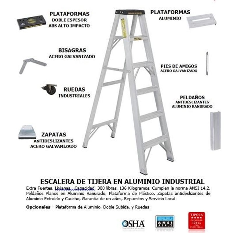 ESCALERAS DE COLOMBIA - Escalera Certificada Tipo Tijera En Aluminio 8 pasos / 2.40 Metros 136 Kg.