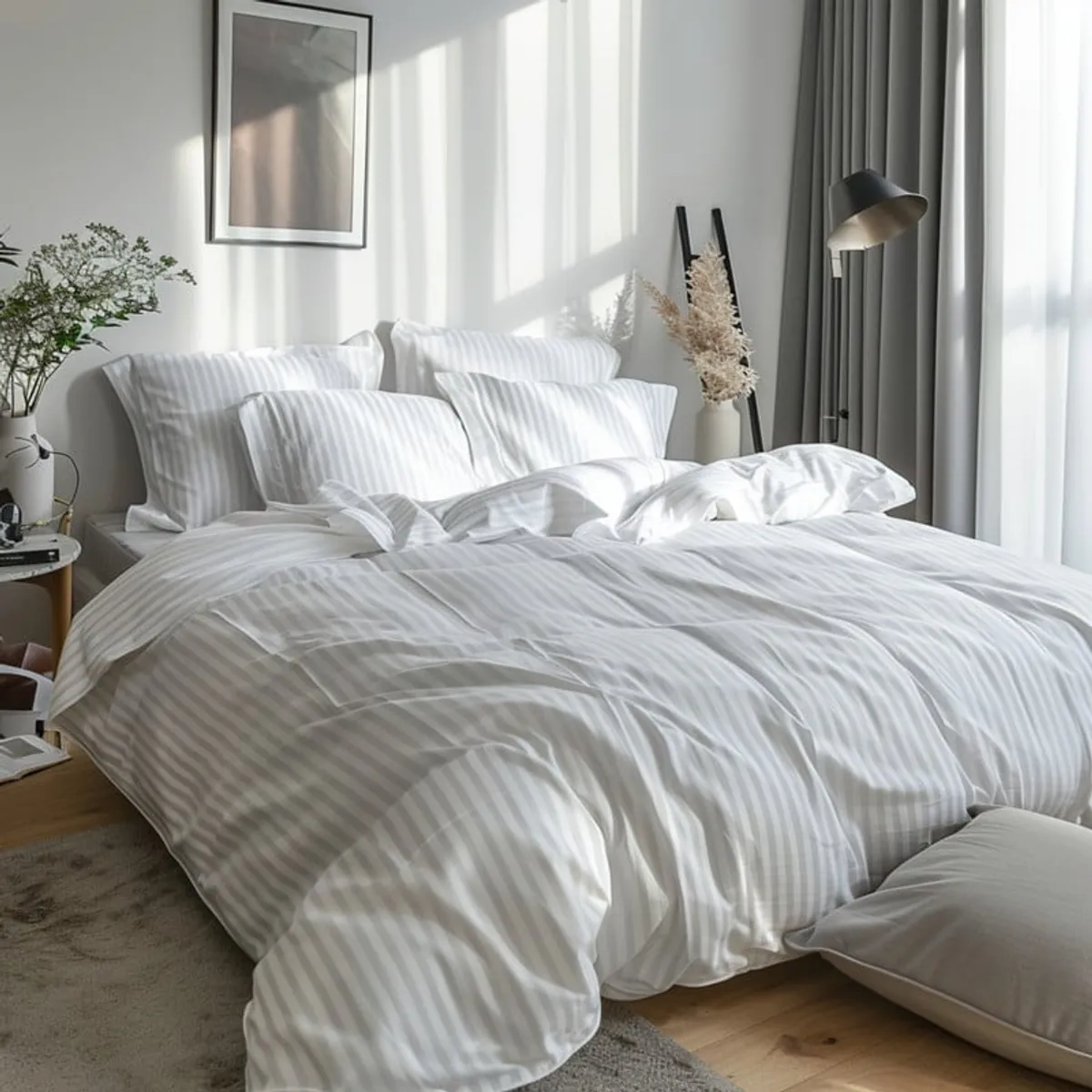 KARYTEX - Combo Funda Duvet Sateen Rayas + J Sábana + Plumón Cama Queen Color Blanco