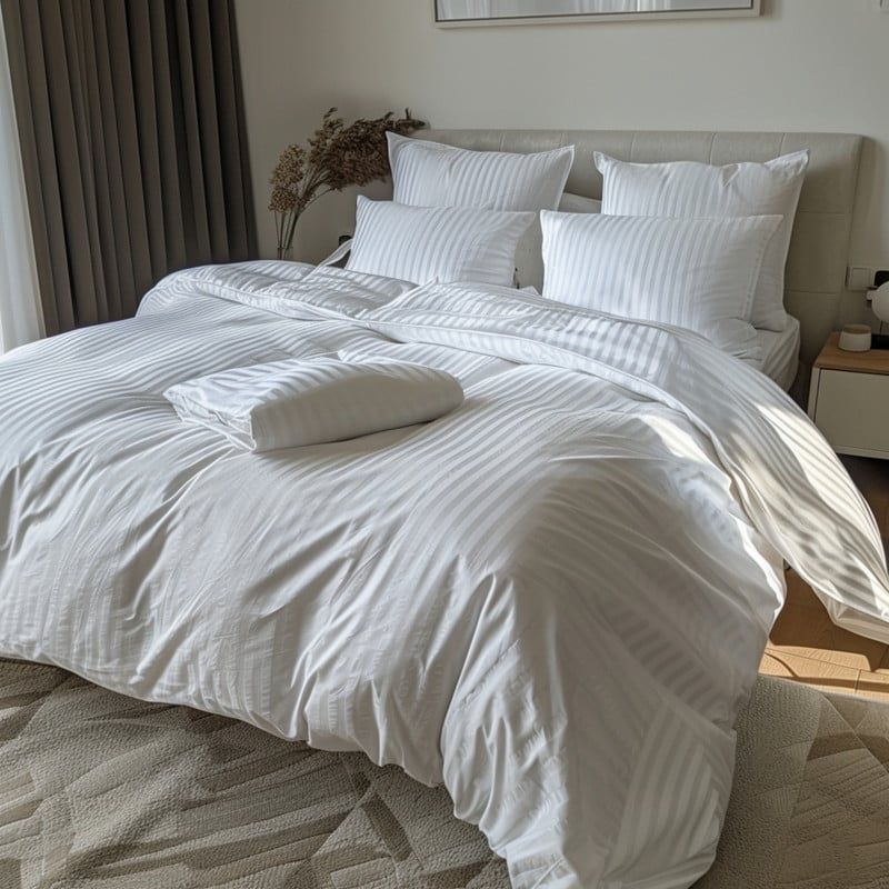 KARYTEX - Combo Funda Duvet Sateen Rayas +J Sábana +Plumón Cama Sencilla Blanco
