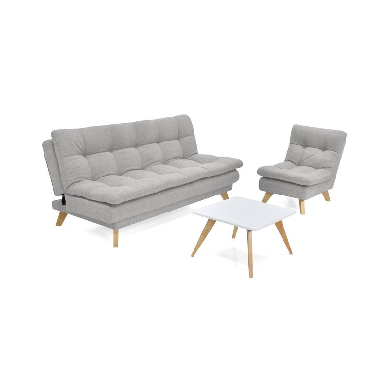 VENECIA - Sala con Sofá Cama Munich Poltrona Toulouse Tela Plata y Mesa Nova