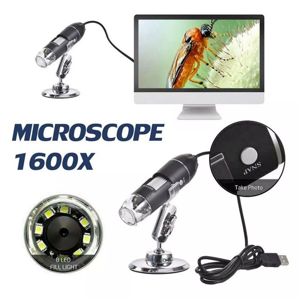 GENERICO - Microscopio Usb Digital 1600x 8 Led Electronico Capilografo