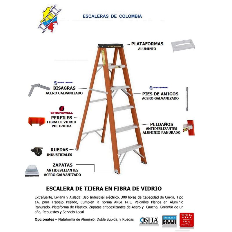 ESCALERAS DE COLOMBIA - Escalera Certificada Tipo Tijera En Fibra De Vidrio 2 pasos/ 0.60 metros 136kg.
