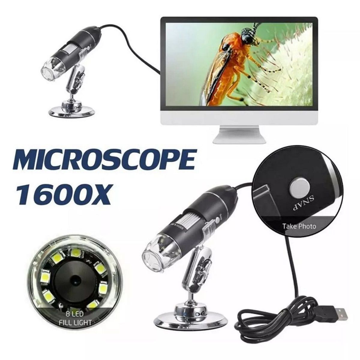 GENERICO - Microscopio Usb Digital 1600x 8 Led Electronico Capilografo