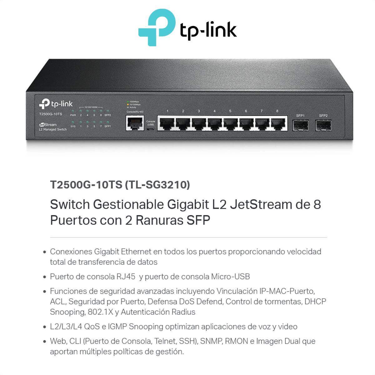 TP LINK - Switch Administrable L2 8 Puertos Gigabit, Tp-link Tl-sg3210
