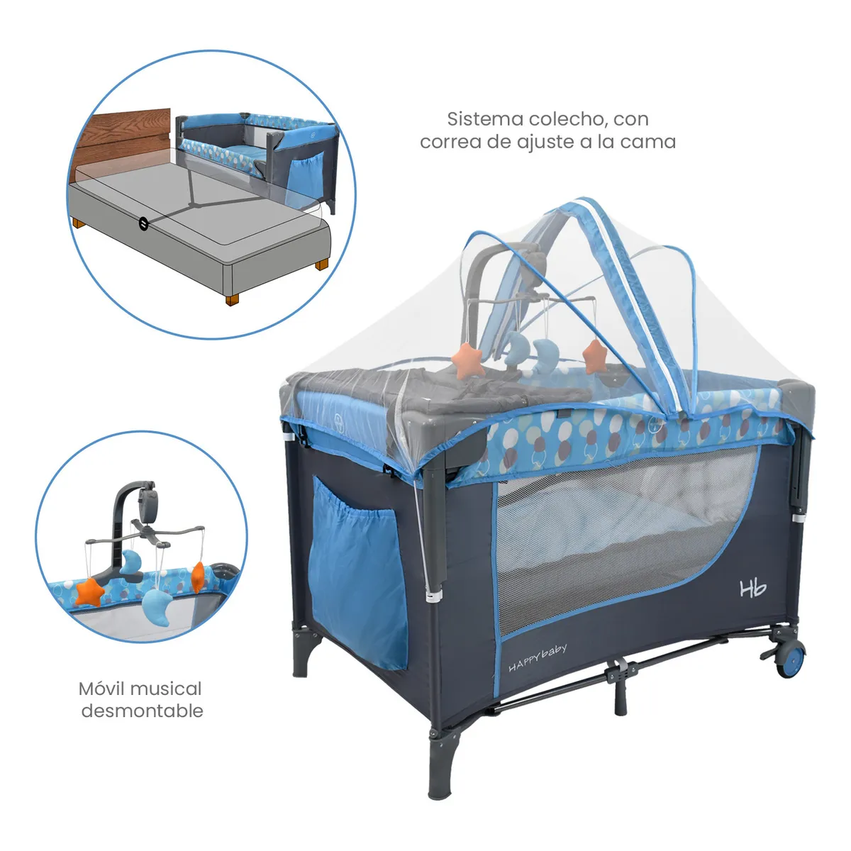HAPPY BABY - Cuna Corral Colecho Bebé Kioto Happy Baby Azul