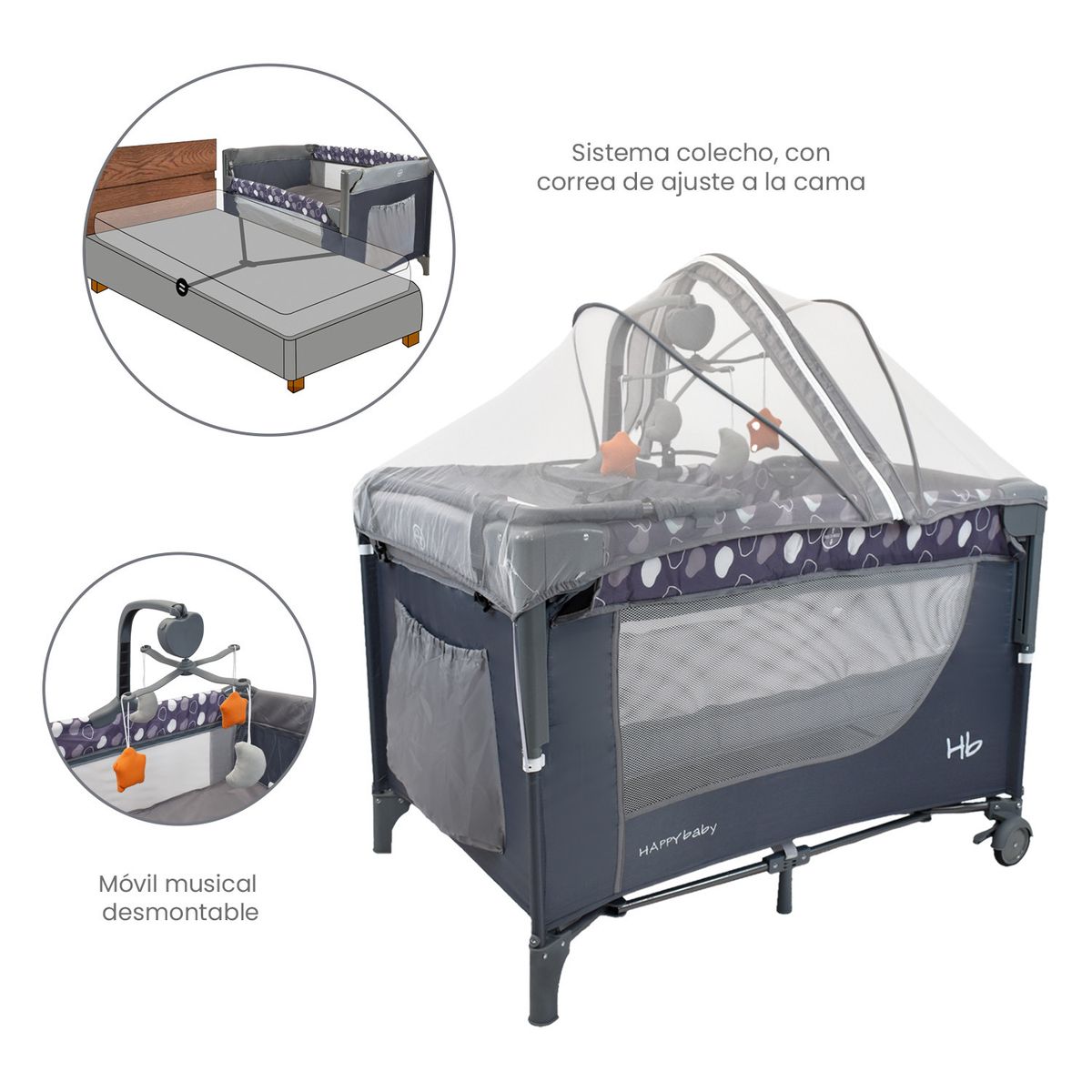 HAPPY BABY - Cuna Corral Colecho Bebé Kioto Happy Baby Gris