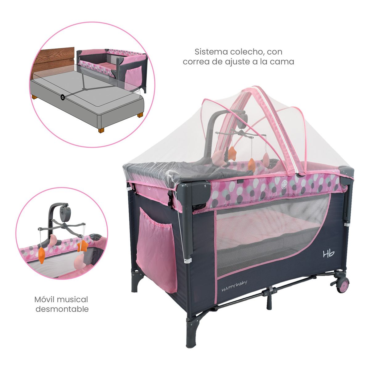 HAPPY BABY - Cuna Corral Colecho Bebé Kioto Happy Baby Rosa