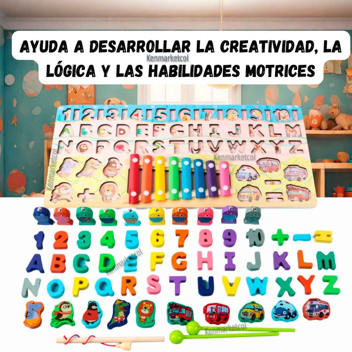 GENERICO - Tablero Didáctico Madera Juego Alfanumérico Infantil Encajar