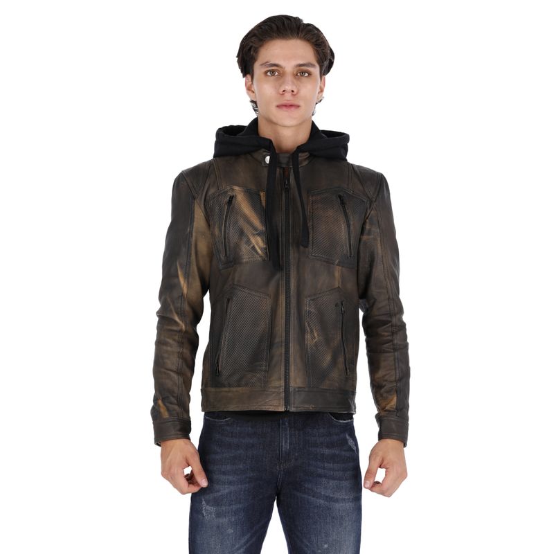 LA CHAQUETERIA - Chaqueta en Cuero Envejecido Negro Base Verde LCHL94