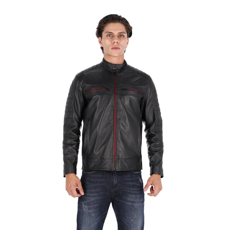 LA CHAQUETERIA - Chaqueta en Cuero Negro Cinta Roja LCHL28