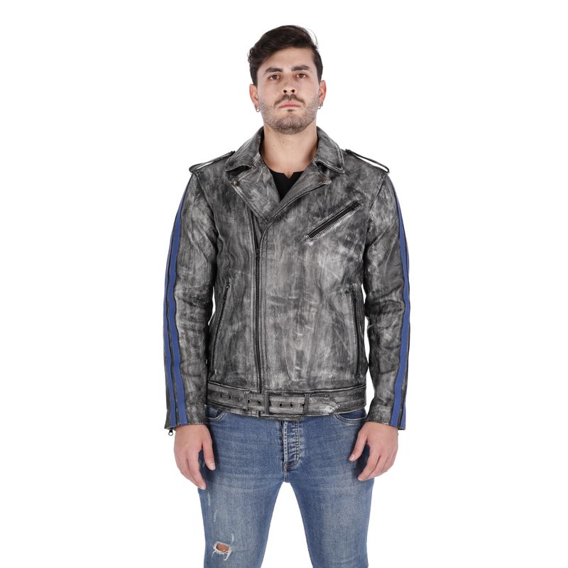 LA CHAQUETERIA - Chaqueta en Cuero Negro Base Blanco Con Lineas Azules Bison