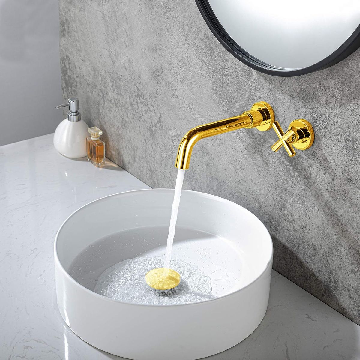 GENERICO - Kit Llave Agua Fria Pared Cross Dorado Lavamanos Tm