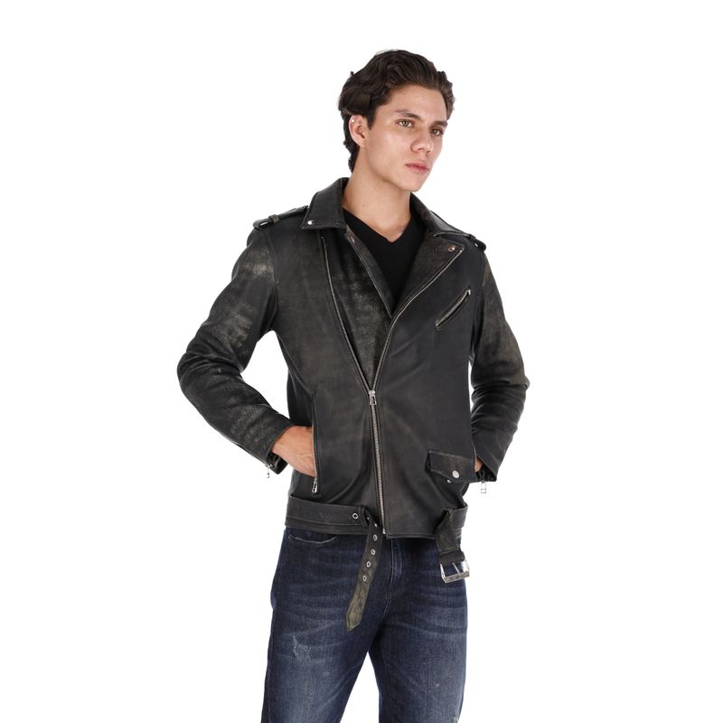 LA CHAQUETERIA - Chaqueta en Cuero Envejecido Negro Base Gris Bison