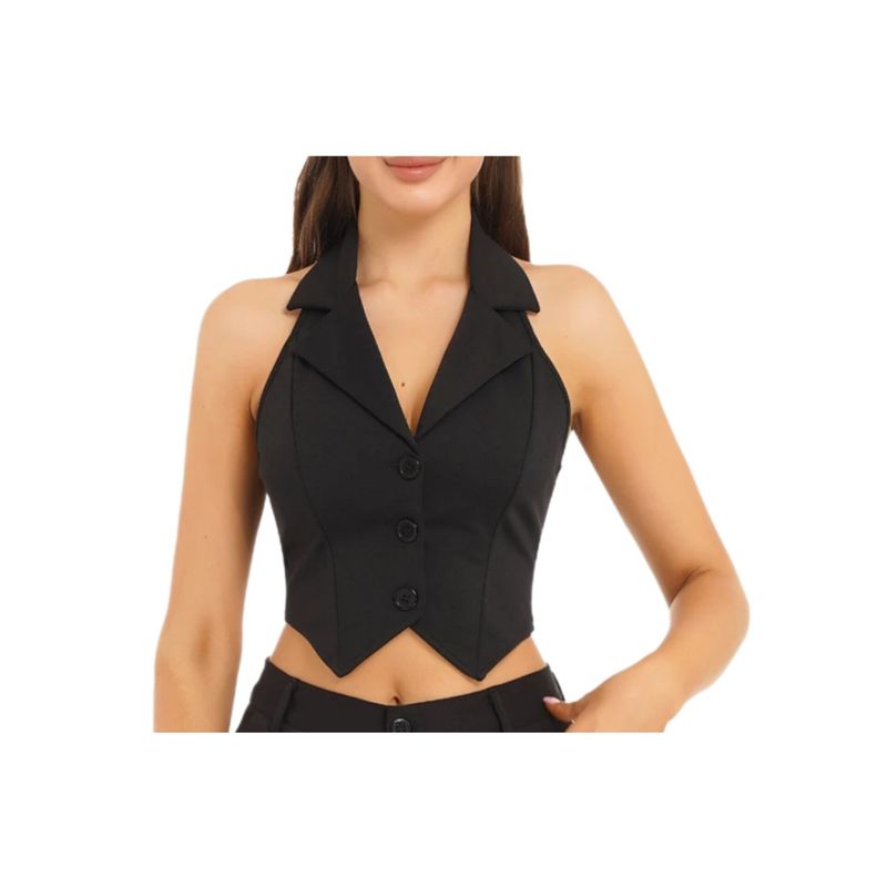 BAPU - Chaleco corto cuello con solapa botones espalda baja