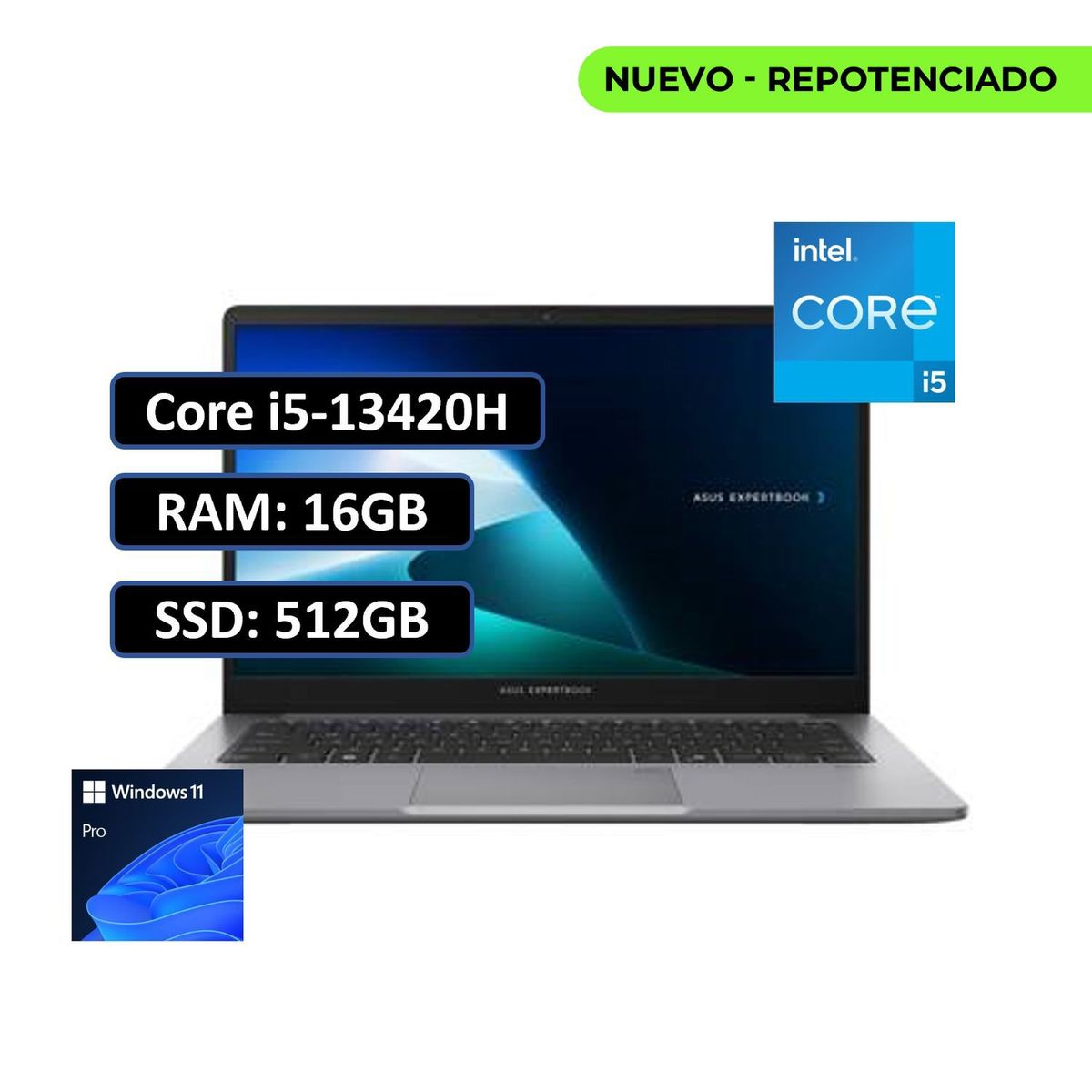 ASUS - Portatil Asus ExpertBook Intel Corei5 13420H 16GB DDR5 512GB SSD 14 W11 Pro Negro.---