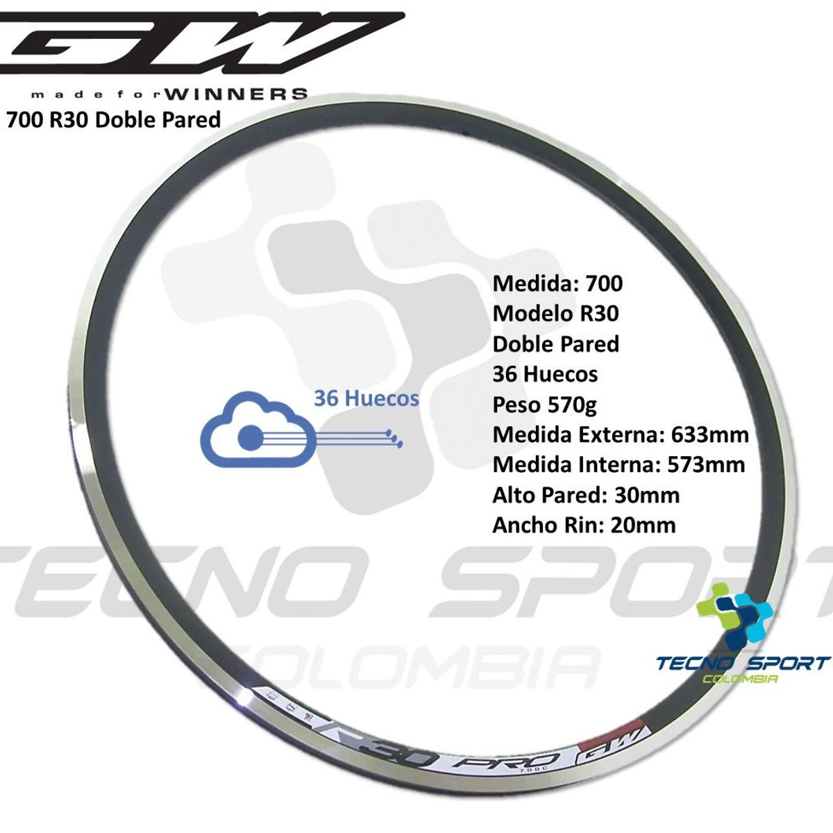 GW - Rin Bicicleta 700 Gw Ruta Doble Pared Aro Aluminio 36 Huecos