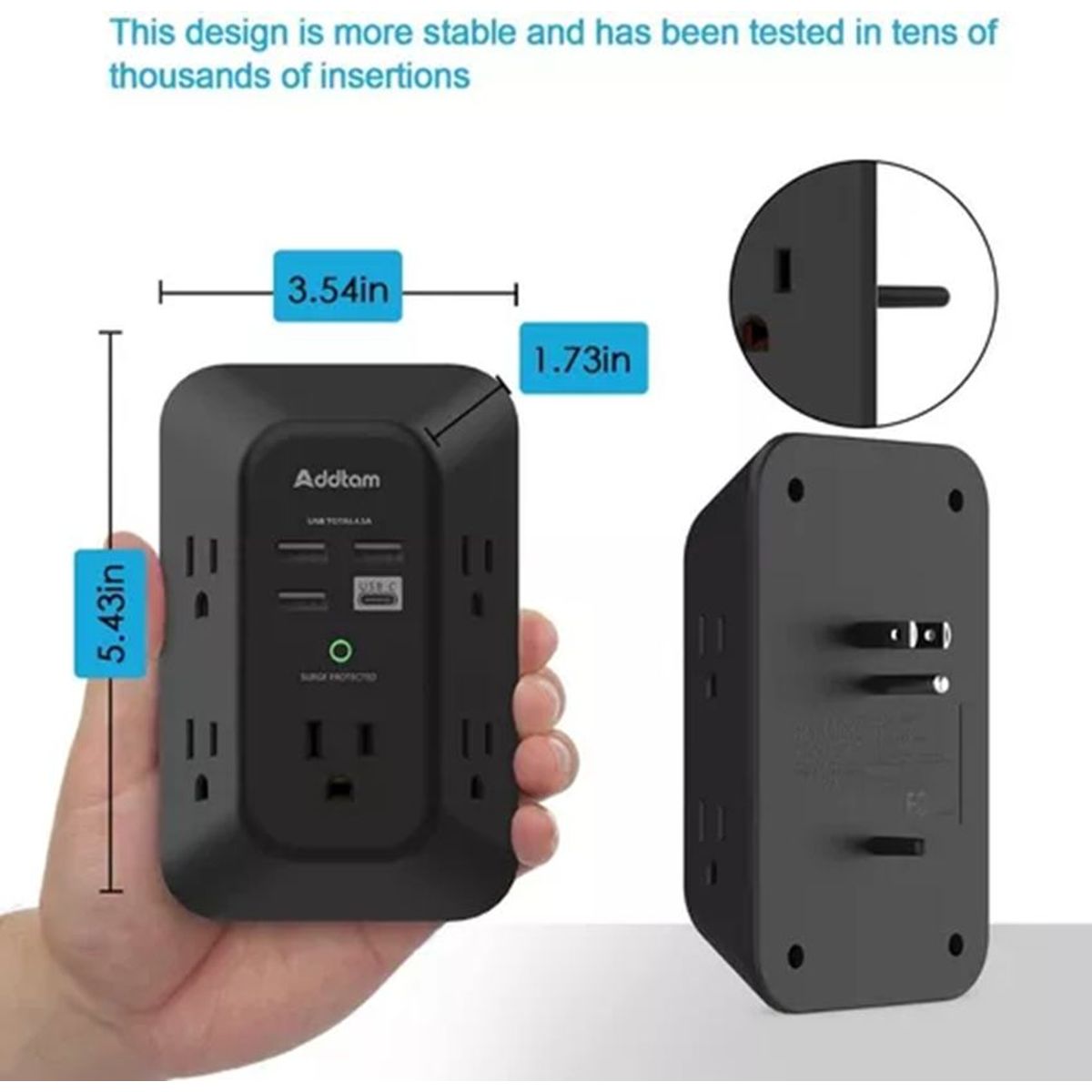 GENERICO - Multitoma Protección Sobretensión Y Cargador De Pared Usb C Negro